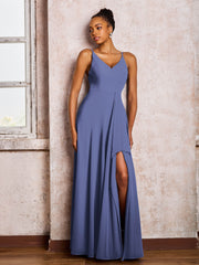 Robe en Mousseline à Col en V Profond et Bretelles Spaghetti avec Fente Pervenche