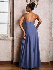 Robe en Mousseline à Col en V Profond et Bretelles Spaghetti avec Fente Pervenche