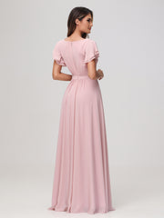 Robe Longueur au Sol à Col en Bateau avec Manches Flottantes Rose Poudré