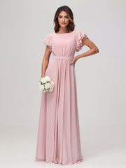 Robe Longueur au Sol à Col en Bateau avec Manches Flottantes Rose Poudré