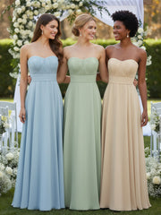 Robes Demoiselle d'honneur Sans Bretelles Mousseline Plissées Sauge Poudrée