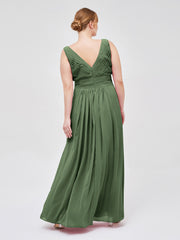 Col en V Pleine Longueur Mousseline Robe avec Plissé Bustier Olive Verte