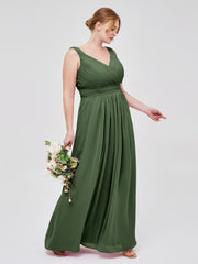Col en V Pleine Longueur Mousseline Robe avec Plissé Bustier Olive Verte Grande Taille