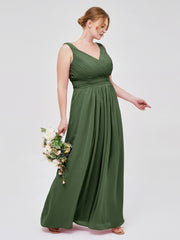 Col en V Pleine Longueur Mousseline Robe avec Plissé Bustier Olive Verte