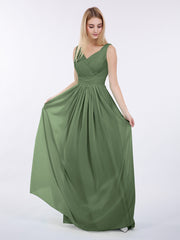 Col en V Pleine Longueur Mousseline Robe avec Plissé Bustier Olive Verte
