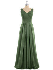 Col en V Pleine Longueur Mousseline Robe avec Plissé Bustier Olive Verte Grande Taille