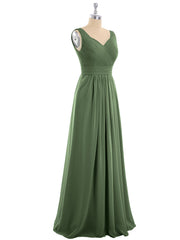 Col en V Pleine Longueur Mousseline Robe avec Plissé Bustier Olive Verte Grande Taille