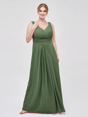 Col en V Pleine Longueur Mousseline Robe avec Plissé Bustier Olive Verte Grande Taille