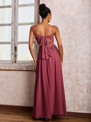 Robe à Bretelles Spaghetti Croisées dans le Dos et à Col en V avec Fente Cannelle Rose