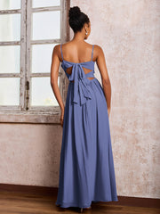 Robe à Bretelles Spaghetti Croisées dans le Dos et à Col en V avec Fente Pervenche