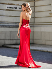 Robe Fourreau Sans Bretelles avec Traîne Balayage Rouge