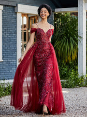 Robe de Soirée en Tulle Fourreau à Bretelles Spaghetti Bordeaux Grande Taille