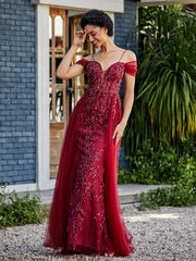 Robe de Soirée en Tulle Fourreau à Bretelles Spaghetti Bordeaux