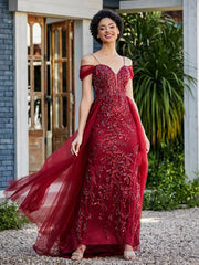 Robe de Soirée en Tulle Fourreau à Bretelles Spaghetti Bordeaux Grande Taille