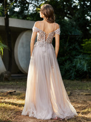 Robe de Soirée en Tulle Fourreau à Bretelles Spaghetti Champagne