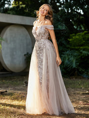 Robe de Soirée en Tulle Fourreau à Bretelles Spaghetti Champagne