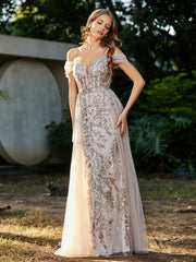Robe de Soirée en Tulle Fourreau à Bretelles Spaghetti Champagne Grande Taille