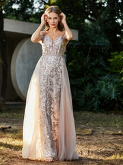 Robe de Soirée en Tulle Fourreau à Bretelles Spaghetti Champagne