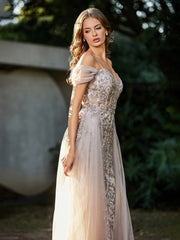 Robe de Soirée en Tulle Fourreau à Bretelles Spaghetti Champagne