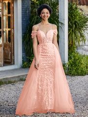 Robe de Soirée en Tulle Fourreau à Bretelles Spaghetti Corail
