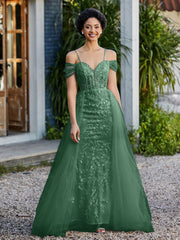 Robe de Soirée en Tulle Fourreau à Bretelles Spaghetti Vert Foncé Grande Taille