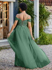 Robe de Soirée en Tulle Fourreau à Bretelles Spaghetti Vert Foncé Grande Taille