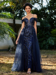 Robe de Soirée en Tulle Fourreau à Bretelles Spaghetti Bleu Marine Grande Taille