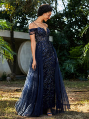 Robe de Soirée en Tulle Fourreau à Bretelles Spaghetti Bleu Marine