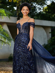 Robe de Soirée en Tulle Fourreau à Bretelles Spaghetti Bleu Marine