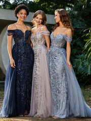 Robe de Soirée en Tulle Fourreau à Bretelles Spaghetti Bleu Marine