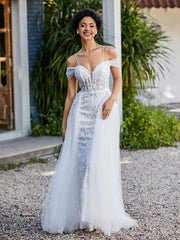 Robe de Soirée en Tulle Fourreau à Bretelles Spaghetti Ivoire