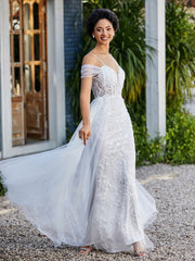 Robe de Soirée en Tulle Fourreau à Bretelles Spaghetti Ivoire