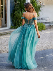 Robe de Soirée en Tulle Fourreau à Bretelles Spaghetti Jade