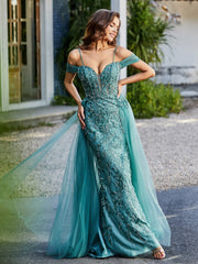 Robe de Soirée en Tulle Fourreau à Bretelles Spaghetti Jade Grande Taille