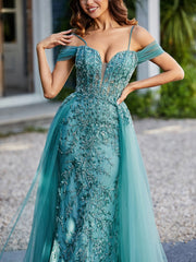 Robe de Soirée en Tulle Fourreau à Bretelles Spaghetti Jade Grande Taille