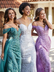 Robe de Soirée en Tulle Fourreau à Bretelles Spaghetti Lilas Grande Taille