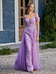 Robe de Soirée en Tulle Fourreau à Bretelles Spaghetti Lilas Grande Taille