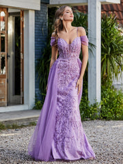 Robe de Soirée en Tulle Fourreau à Bretelles Spaghetti Lilas Grande Taille