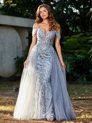 Robe de Soirée en Tulle Fourreau à Bretelles Spaghetti Argent