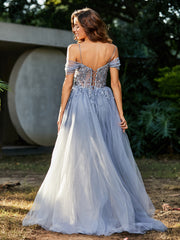 Robe de Soirée en Tulle Fourreau à Bretelles Spaghetti Argent