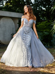 Robe de Soirée en Tulle Fourreau à Bretelles Spaghetti Argent