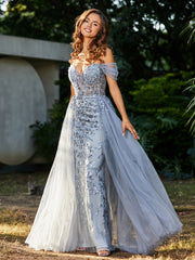 Robe de Soirée en Tulle Fourreau à Bretelles Spaghetti Argent Grande Taille
