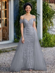 Robe de Soirée en Tulle Fourreau à Bretelles Spaghetti Gris Acier Grande Taille