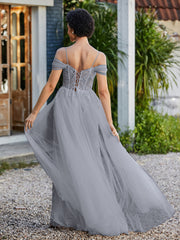 Robe de Soirée en Tulle Fourreau à Bretelles Spaghetti Gris Acier
