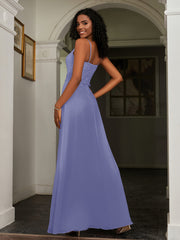 Robe Appliquée en A-ligne en Mousseline et Dentelle à Dos Nu Pervenche Grande Taille