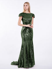 Paillettes Sirène Robe avec Mancherons Olive Verte Grande Taille
