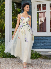 Robe de A-ligne en Tulle Longeur de Mollet à Col en Cœur Jonquille Grande Taille