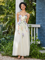 Robe de A-ligne en Tulle Longeur de Mollet à Col en Cœur Jonquille