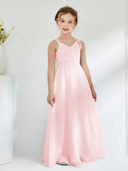 Robes de Demoiselle d'Honneur Junior Froncée à Col en V Longueur au Sol Rose Pâle
