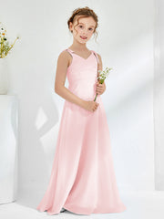 Robes de Demoiselle d'Honneur Junior Froncée à Col en V Longueur au Sol Rose Pâle